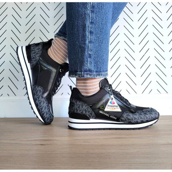❤️MICHAEL KORS WILMA Trainer Sneaker 9.5 Women Black Monogram Fashion Lifestyle - Picture 4 of 10